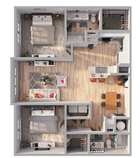 Floor plan for 2 beds, 2 baths, 1219 sqft